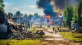 War in Ukraine, burned village, people leaving houses.