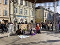 War in Ukraine. Children draw posters in support of Ukraine. People gathered in the city center to protest against