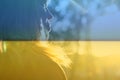 War Ukraine. Close-up silhouette of woman looking at sunrise. Mental health, hope, happiness concept. Dreams. Peace Royalty Free Stock Photo