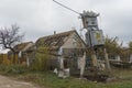 War in Ukraine. Countryside. An electrical transformer damaged by shelling Royalty Free Stock Photo