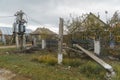 War in Ukraine. Countryside. An electrical transformer damaged by shelling Royalty Free Stock Photo