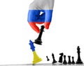 War ukraine vs russia chess battle big russian hand pushes ukrainian pawn win - 3d rendering