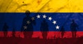 War in Venezuela, shadow of soldiers in the battlefield on dirty flag Venezuela, war crisis concept in Venezuela