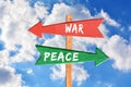 War versus peace on wooden directional sign