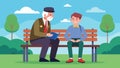 A war veteran and a high school student sit on a bench in a memorial park with the older one sharing his experiences and