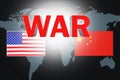 War word with USA and China flags on world map background. Royalty Free Stock Photo