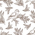 WARBLER ON BRANCH SKETCH Vintage Seamless Pattern Vector