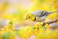 warbler camouflaged in yellow forsythia blooms