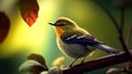 Warbler perching on a branch, Bright clear light. Generative Ai