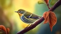 Warbler perching on a branch, Bright clear light. Generative Ai