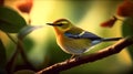 Warbler perching on a branch, Bright clear light. Generative Ai