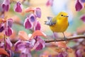 warbler surrounded by blooming redbuds Royalty Free Stock Photo