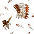 Warbonnet on white background. Rough festival feathers seamless pattern