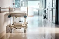 Ward, hospital and bed in a lobby, healthcare or wellness with furniture or interior with help or risk. Hallway, clinic Royalty Free Stock Photo