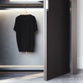 Wardrobe with blank black t-shirt on hanger. 3d rendering Royalty Free Stock Photo