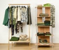Wardrobe with camo pattern clothes, shoes and accessories.