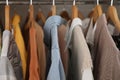 Wardrobe closet with different stylish clothes, closeup Royalty Free Stock Photo