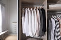 Wardrobe closet with different stylish clothes in room, closeup Royalty Free Stock Photo