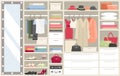 Wardrobe with clothes vector illustration, cartoon flat opened closet compartments with woman man clothing, hangers with