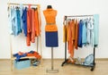 Wardrobe with complementary colors orange and blue clothes arranged on hangers.