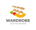 Wardrobe and hangers with clothes, logo design. Wardrobe stand with hangers and colorful clothes hanging on rail in wooden wardrob