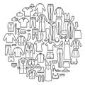 Wardrobe icons in round shape. Clothes line symbol