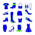 Wardrobe items for women, blue and green