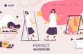 Wardrobe landing page template. Fashionable woman looking at the mirror. Style for youth banner, good for personal stylist and