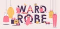 Wardrobe large lettering with fashion elements on hangers. Pink and yellow colors, outline style, good for women boutique and