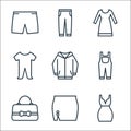 wardrobe line icons. linear set. quality vector line set such as short dress, female skirt, handbag, suspenders, hoodie, baby