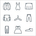 Wardrobe line icons. linear set. quality vector line set such as shoe, uniform, trousers, trousers, hanger, pants, skirt, short