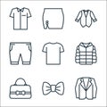 Wardrobe line icons. linear set. quality vector line set such as suit, bow tie, handbag, winter jacket, t shirt, pants, tuxedo, Royalty Free Stock Photo