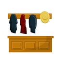 Wardrobe in locker room. Clothing and hat in cloakroom