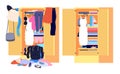 Wardrobe mess. Messy cloth, before after home clothes organization. Open cabinet clutter, tidy untidy fashion interior