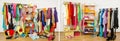 Wardrobe before messy after tidy arranged by colors. Royalty Free Stock Photo