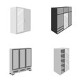 Wardrobe with mirror, wardrobe, shelving with mezzanines. Bedroom furniture set collection icons in monocrome style