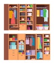 Wardrobe. Open and closed doors of home storage for clothes interior organized wardrobe vector set Royalty Free Stock Photo