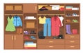 Wardrobe. Organization and storage clothing, wooden closet with shelves, stacks and hangers with clothes modern dress