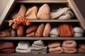 A wardrobe overflowing with cozy folded sweaters, hygge concept, AI Generated
