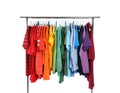 Wardrobe rack with different colorful clothes Royalty Free Stock Photo