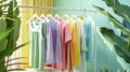 A wardrobe rack with various colorful clothes hanging on it, Ai Generated Royalty Free Stock Photo