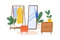 Wardrobe room with clothes on standing hanger rail, big mirror, potted plants. Cozy comfortable home interior cloakroom