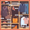 Wardrobe room full of man`s cloths. Flat style illustration