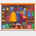 Wardrobe room full of woman s cloths. Vector illustration.