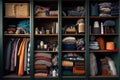 Wardrobe shelves with clothes, things, plaids, baskets. Organization of space in the closet