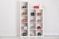 Wardrobe shelves with different stylish shoes indoors