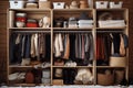 Wardrobe shelves with warm things, outerwear, baskets. Organization of space in the closet