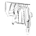 Wardrobe sketch. Clothes on the hangers. Coat and dress