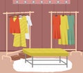 Wardrobe, womens clothing on stand in dressing room. Choosing clothes, garments for outfit concept Royalty Free Stock Photo
