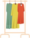 Wardrobe, womens clothing on stand in dressing room. Choosing clothes, garments for outfit concept Royalty Free Stock Photo